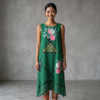 Green A-line mesh dress with ethnic brocade